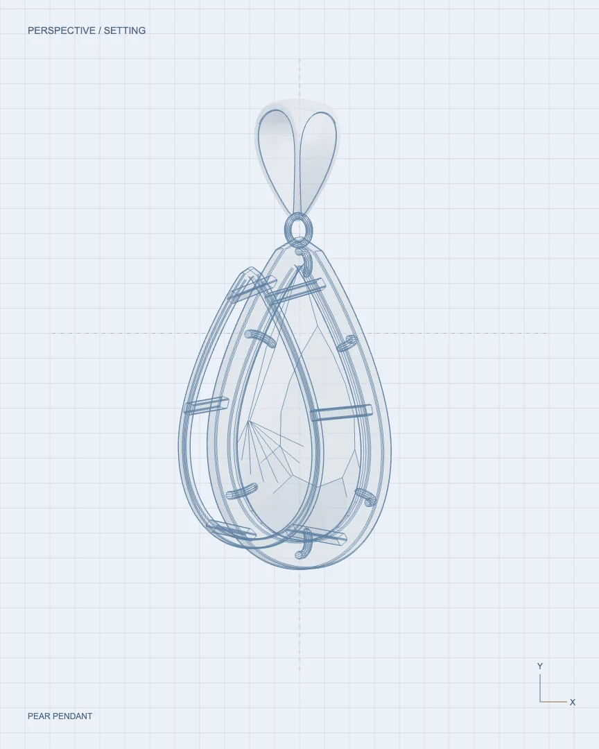 Technical view of the same pendant as its three-dimensional setting is constructed.